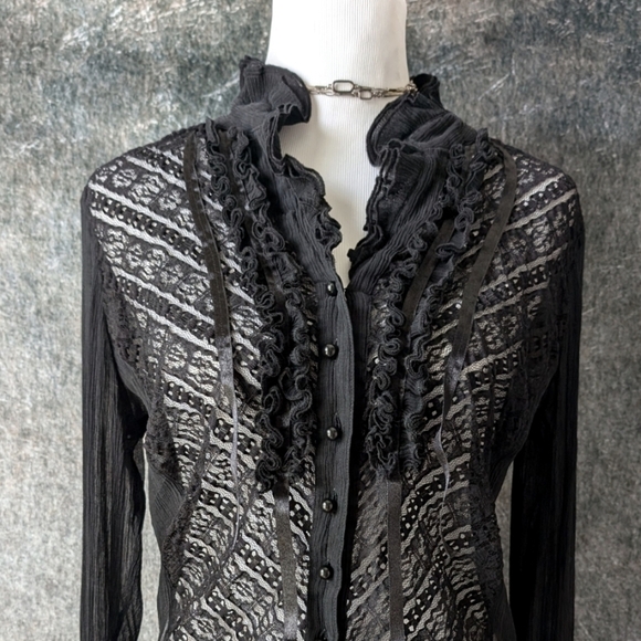 Y2K 2000s Black Ruffle Silky Lace Blouse - Picture 3 of 4
